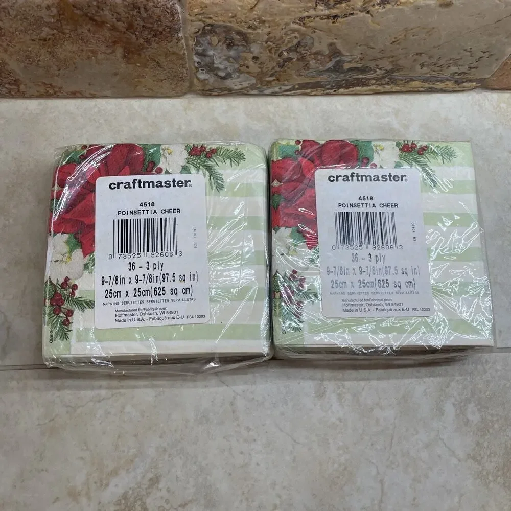 Vintage Christmas Paper Napkins Poinsettia Green Tree Mix Of 3 Small Made in USA - Picture 4 of 8